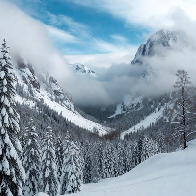 Snowy Mountain Valley with Fog