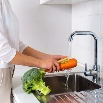 Woman washing broccoli and carrot