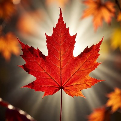 Red Maple Leaf with Sun Rays