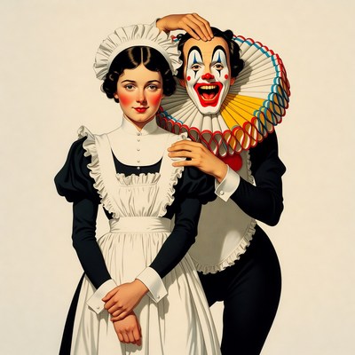 Clown embracing nurse woman