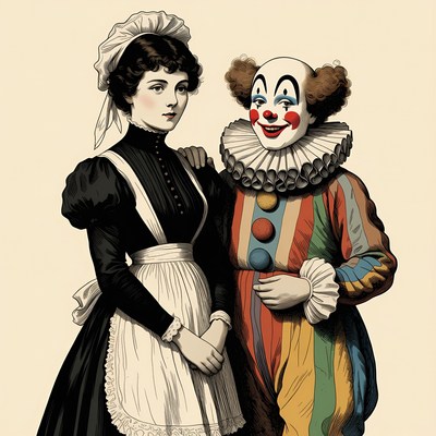 Victorian Maid and Clown Illustration