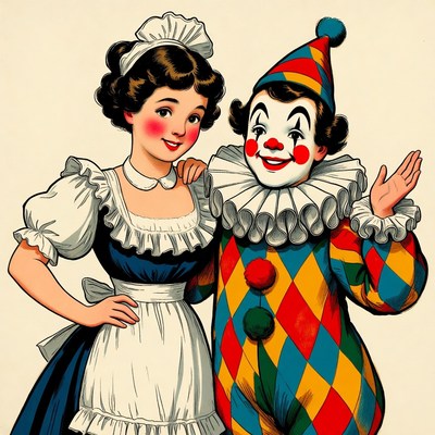 Vintage girl maid with clown