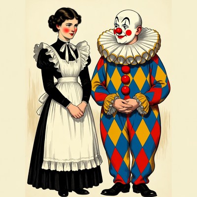Vintage Maid and Clown Illustration