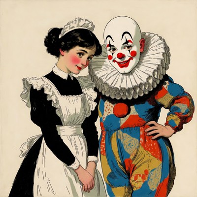 Maid and Clown Vintage Illustration