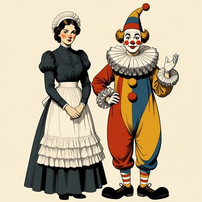 Victorian Maid and Clown Illustration