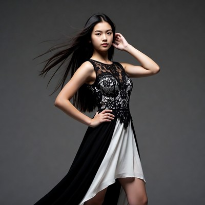 Asian girl in black lace dress