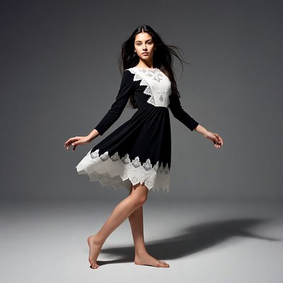 Young woman in black lace dress twirling