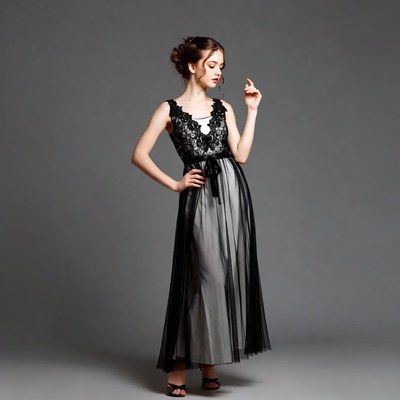 Woman in black lace evening gown