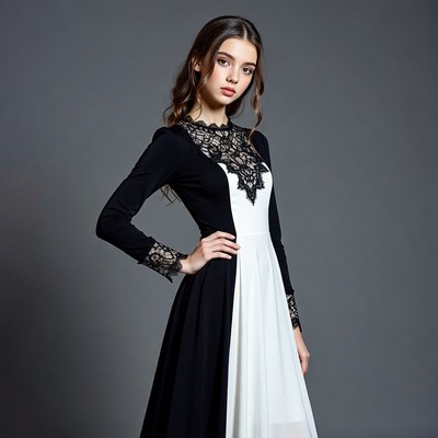Woman in black white lace dress
