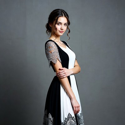 Woman in black white lace dress