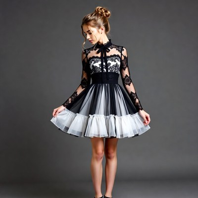 Young woman in black lace dress