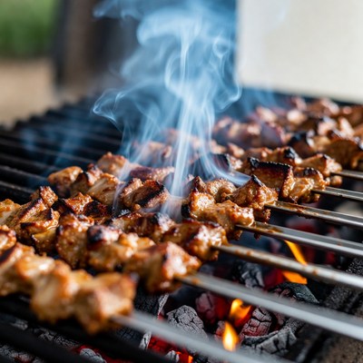 Skewers grilling on barbecue