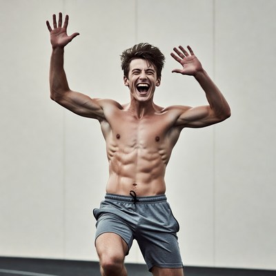 Muscular man celebrating with raised arms