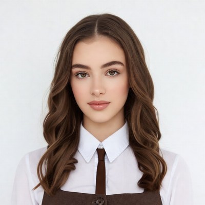 Young woman in white shirt and brown vest
