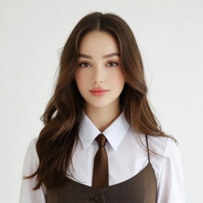 Young woman in white shirt and brown vest