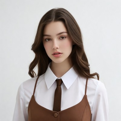 Young woman in white shirt and brown vest