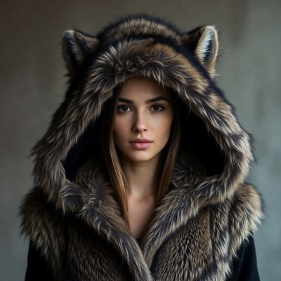 Woman in wolf ear fur hood