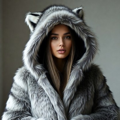 Woman in wolf ear fur hood