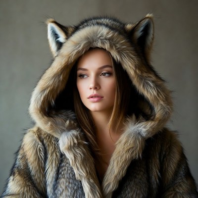 Woman in wolf ear fur hood