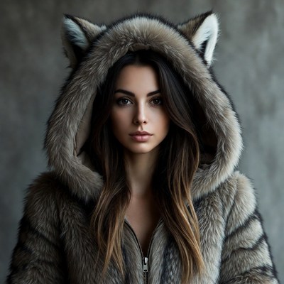 Woman in wolf ear fur hood