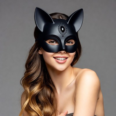 Woman wearing black cat mask