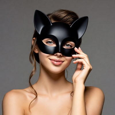 Woman wearing black cat mask