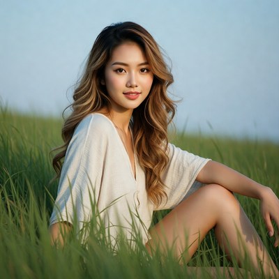 Asian woman sitting in grass field