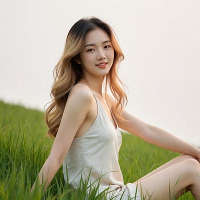 Asian woman in white dress on grass
