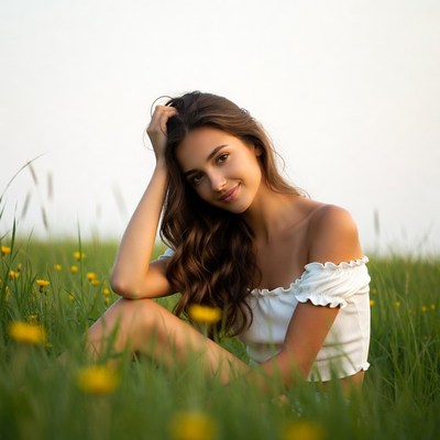 Young woman sitting in yellow flower field