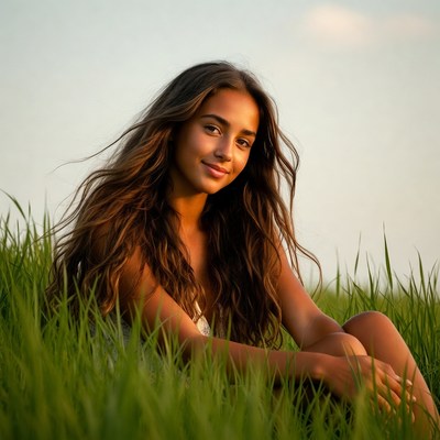 Young woman sitting in green grass