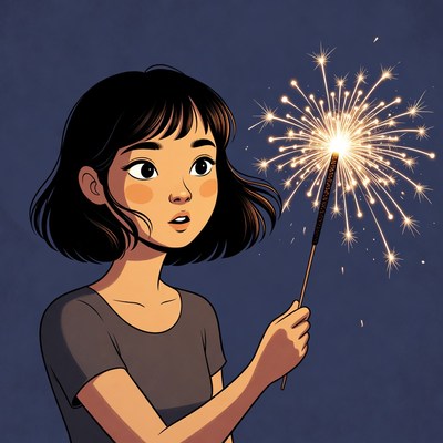 Asian girl holding lit sparkler