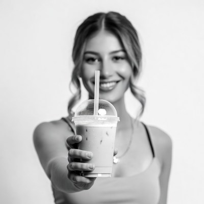Woman holding iced coffee drink