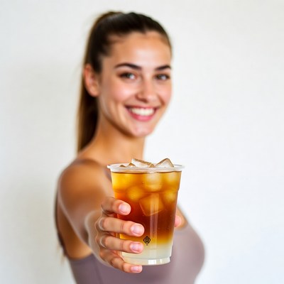 Woman holding iced tea drink