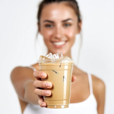Woman holding iced coffee drink