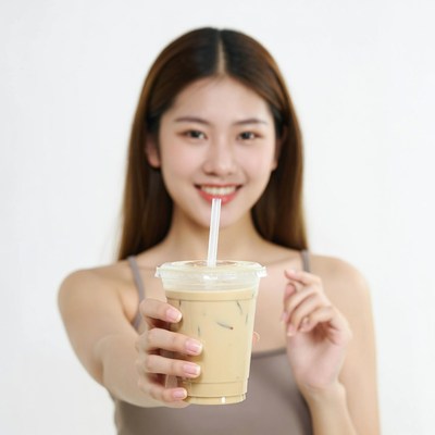 Asian woman holding iced coffee