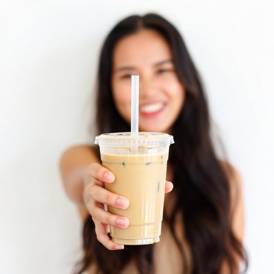 Asian woman holding iced coffee