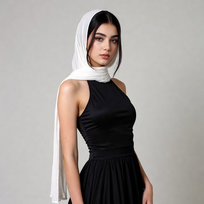 Woman in white headscarf and black dress