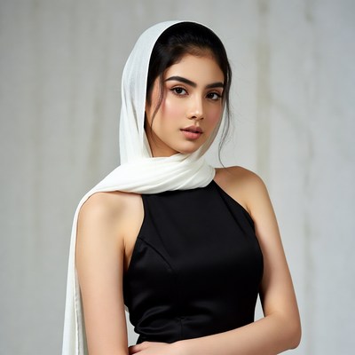 Asian woman in white headscarf black dress