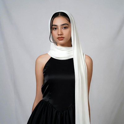 Asian woman in white hijab black dress