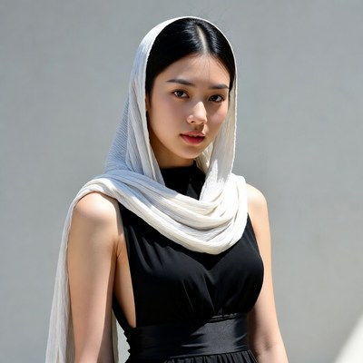 Asian woman in white headscarf and black dress