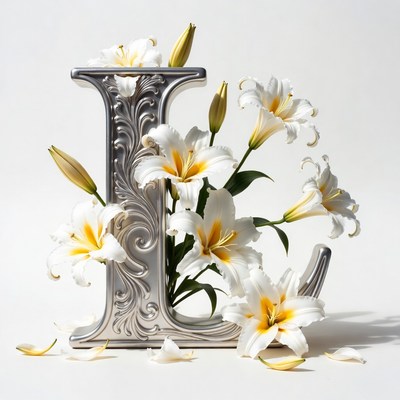 Lilies in ornate silver letter L