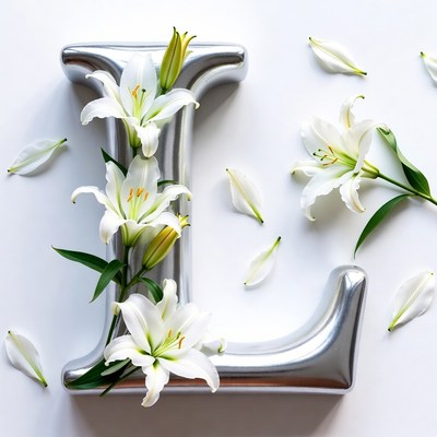 Silver L Letter with White Lilies