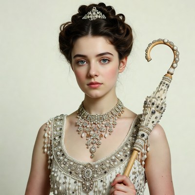 Girl with pearl umbrella and crown