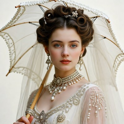 Victorian woman holding white parasol