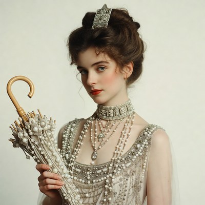 Victorian woman holding pearl umbrella