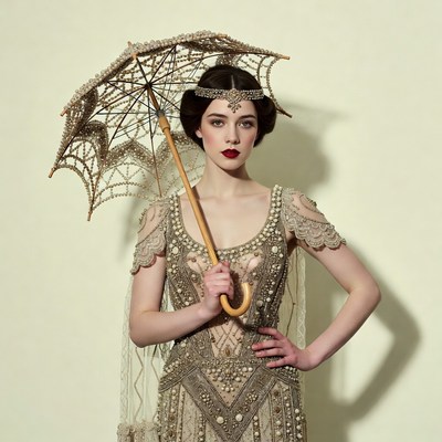 Woman holding vintage lace umbrella