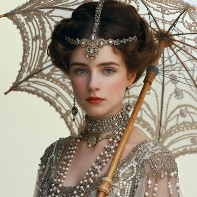 Edwardian woman holding lace parasol