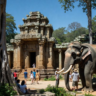 Elephant and tourists at Angkor temple