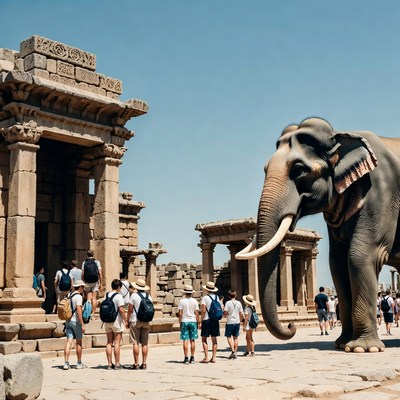 Elephant with tourists at ancient ruins