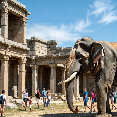 Elephant with tourists at ancient ruins